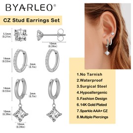 Surgical Steel Small Huggie Hoop Earrings Set 14K Gold Plated Hypoallergenic CZ Stud Earrings for Women Waterproof and Non Tarnish (Silver)