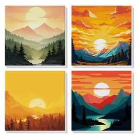 GHHKUD Paint by Numbers Kits for Adults Beginners, 4 Pack Sunset Mountain Landscapes Painting by Numbers Canvas Kit for Kid, Acrylic Colourful Paint by Numbers with Wooden Framed Canvas, 8x8inch