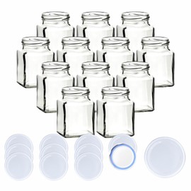gouveo Set of 12 preserving jars, 314 ml, square with screw lid, white, BlueSeal – storage jars 0.3 l with screw cap, TO63 – empty jars for preserving, preserving and storage