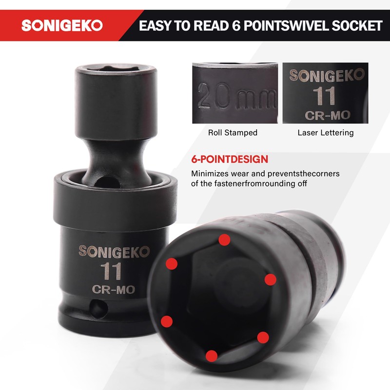 SONIGEKO 3/8" Drive Impact Swivel Socket Set, 20 Piece Swivel
