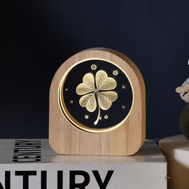 3D Crystal Ball Night Light, USB Moon Lamp Planets Solar System Night Light, Night Scene Astronomy 3D Solar System LED Crystal Ball Lamp Wooden Moon Ball Lamp for Home Decoration (Four Leaf Clover)