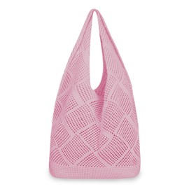 loacuony Women's Beach Bag, Crochet Bag, Crochet Bag, Mesh Beach Bag, Boho Shoulder Bag, Handmade Mesh Handbag, Summer Beach Bag for Holiday, Travel, Everyday Life, Spring and Summer, pink