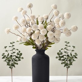Waipfaru 10pcs Fake Silk Pompon Mum Artificial Flowers, Bulk Faux Mini Chrysanthemums with 2pcs Eucalyptus Stems, for Centerpieces Wedding Fillers Champagne Arrangements Shower Decorations, White