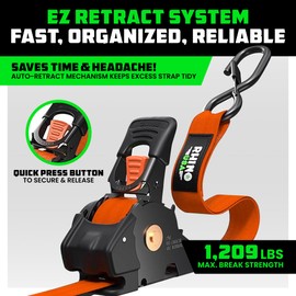 Rhino USA Retractable Ratchet Straps (2-Pack) - 1 Inch x 10 Feet (1,209lb Break Strength) - Auto Self Retracting Tie Down Straps for Truck, Cargo Trailer, Motorcycle, ATV, UTV - Orange