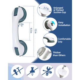2 Pack 12” Grab Bars for Bathtubs and Showers, Shower Handles for Elderly Suction Cup Grab Bars for Shower Wall Heavy Duty, Safety Grab Bar for Seniors Suction Bathroom, No Drilling