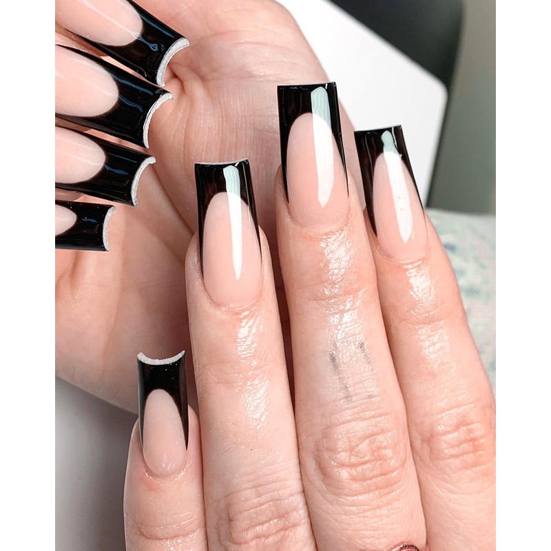 AddFavor Black French Tip Press on Nails Medium Square Fake
