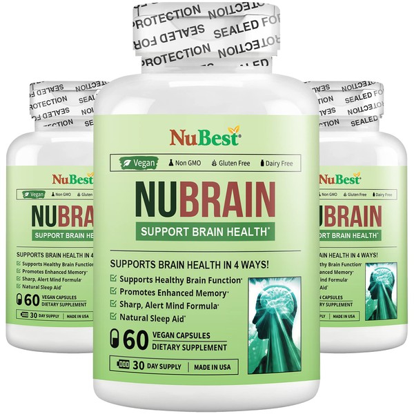 NuBrain Booster - Brain Supplement for Brain Booster, Enhanced Memory, Focus & Clarity - with St. John’s Wort, Ginkgo Biloba, Bacopa & More - Premium Nootropic Brain Supplement - 3 Pack