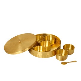 SG ANAGH Hammered Handcraft Brass Masala Dabba-Spice Box Set With Spoon Container 90 ML Storages Indian Masaladanni for Kitchen Counter 8 Inch with 7 Compartments & 1 Spoon (8 Inch (Medium Family))