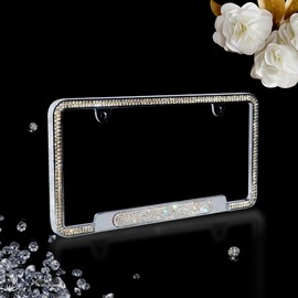 JR2 Premium Shinning Glass Crystals Durable Chrome Metal License Plate Frame(Oval Shiny Crystal Design)+Free Caps (White)