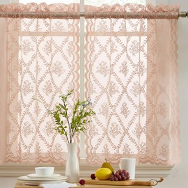 HLC.ME Isabella Floral Rod Pocket Lace Semi Sheer Voile Short Cafe Tiers for Small Windows - 28 x 24 Inch Length (Blush Pink Tiers, Set of 2)