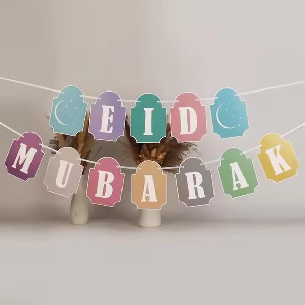 Pastel Eid Mubarak Bunting Decorations -Banner, Flags Hanging Decor for