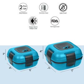 Pinnacle Inulated Leak Proof Lunch Box for Kids/Adults - Stainless steel Thermal Lunch Box Container for School Set of 2 Sizes (Blue, 16-32 oz)