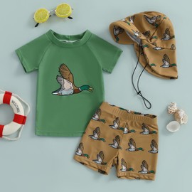 KMBANGI Toddler Baby Boy Mallard Swimsuit Set Baby Rash Guard Short Sleeve Duck Bathing Suit Trunks Swim Shorts with Hat (Green, 2-3 Years)