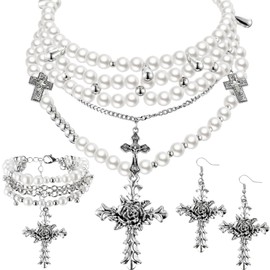 Tondiamo 3 Pcs Pearl Cross Necklace Gothic Jewelry Set for Women Goth Earrings Bracelet Layered Y2k Choker Costume Accessories