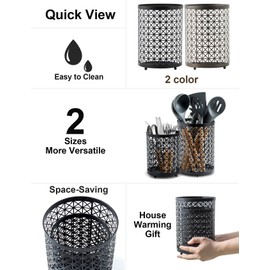 TEAKISS Kitchen Utensil Holder 6"+5" Set , Extra Large Matte Black Finish, Metal Cooking Countertop Organizer, Storage Coffee Capsule Spoon Knives Forks, Farmhouse Cooking Utensil Crock 2-Piece