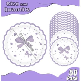 HEIPINIUYE 50 Pieces Light Purple Bow Paper Plates 9 Inch Lavender Scalloped Plates Disposable Dinner Plate for Wedding Baby Shower Birthday Party Dessert Plate
