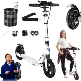CUIOT Kick Scooter for Ages 6+,Kid, Teens & Adults - Max Load 300 LBS, 4 Adjustable Levels, 200mm Big Wheel Folding Scooter, Lightweight, Aluminum, Indoor and Outdoor Scooters, Bearing ABE,White