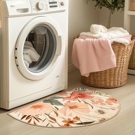 jinchan Spring Floral Half Circle 21"x36" Area Rug Entryway Washable Modern Oriental Flower Print Non Slip Carpet for Kitchen Laundry Room Bedroom Bathroom Pink/Grey