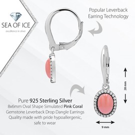 925 Sterling Silver 8x6mm Oval Shape Pink Coral Gemstone Leverback Drop Dangle Earrings for Woman.