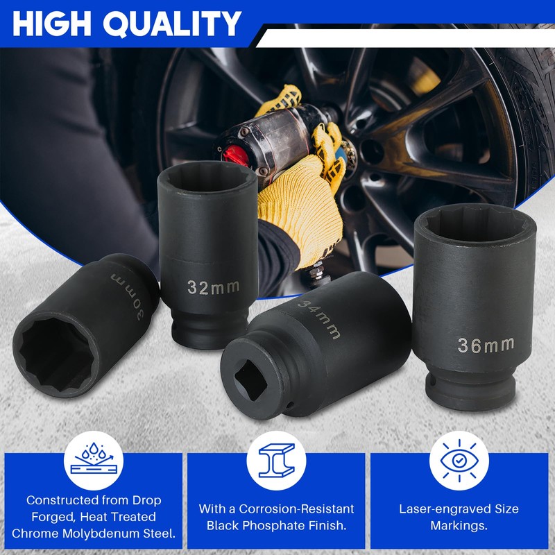 DASBET 1/2" Drive Deep Impact Socket Set 4PCS Heavy Duty