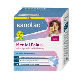 sanotact Mental Focus Direct Sticks - With L-Tyrosine, Ginseng & Zinc | B Vitamins for Energy & Concentration | Vegan & Caffeine Free | Orange Passion Fruit | 20 Sticks