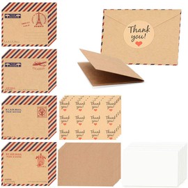 Pack of 128 Mini Kraft Paper Envelopes, Vintage Cute Gift Cards Paper with Stickers, Wedding Birthday Party Invitation Postcards, Greeting Notes (40 Envelopes + 40 Cards + 48 Stickers)
