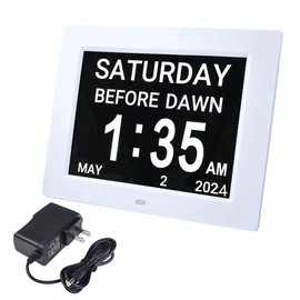 HeyJiaYu 8 Inch LCD Digital Calendar Day Clock, Dementia Clock Large Digital Clock with 8 Alarm Settings Adjustable Brightness, High Resolution Alarm Clock for Seniors (White)