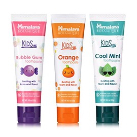 Himalaya Botanique Kids Toothpaste, Herbal, Cool Mint, Bubble Gum and Orange Flavor, Fights Plaque, Fluoride Free, No Artificial Flavors or Colors, SLS Free, Gluten Free, Vegan, 4 Oz, Variety 3 Pack…