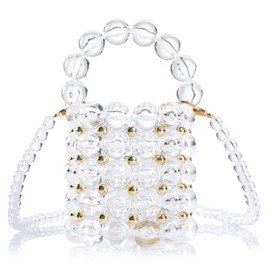 Abvokury Women Beaded Evening Bucket Bag Small Lipstick Handbag with Detachable Chain for Wedding Party (Transparent)
