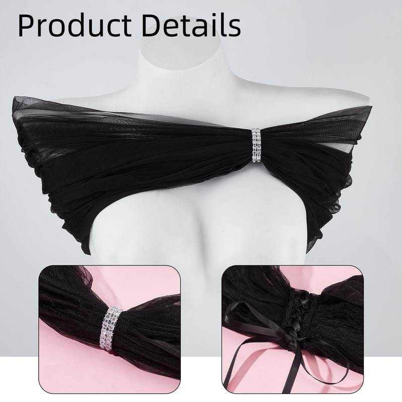 NICENEEDED Bridal Detachable Tulle Shawl, Black Wedding Strapes Puffy Dress