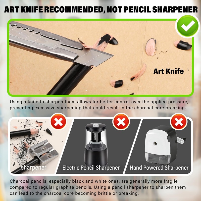 KALOUR Professional Charcoal Pencils Drawing Set -12 Pieces Soft, Medium