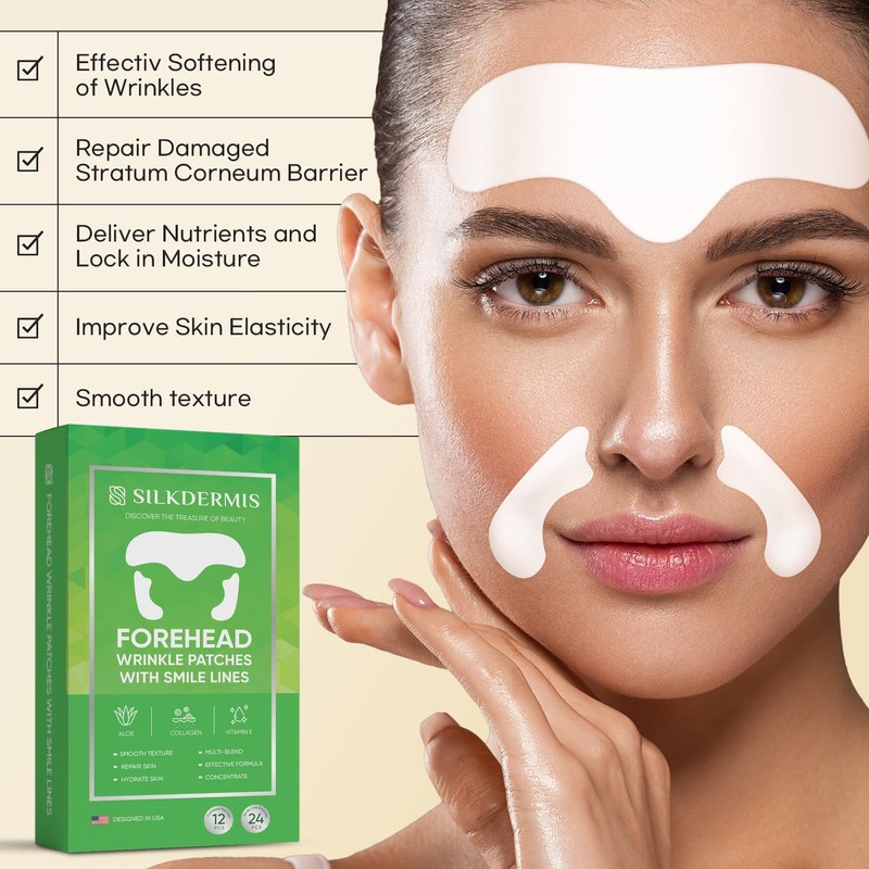 SILKDERMIS Forehead Wrinkle Patches 12Pcs with Smile Line Patches 24Pcs