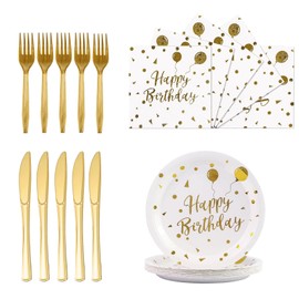 TuTuYa 80PCS Happy Birthday Paper Plates, 7 Inch White Gold Dot Paper Plates,6.5 Inch Napkins, 7.2Inch Forks, 7.7Inch Knife, Disposable Tableware Set for Birthday Party Decorations, Serves 20