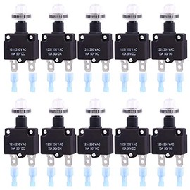Swpeet 30Pcs 10Amp Thermal Circuit Breaker with Quick Connect Terminals and Waterproof Button Caps Assortment Kit,Waterproof Push Button Manual Reset Circuit Breaker 32V DC 125/250VAC 50/60Hz