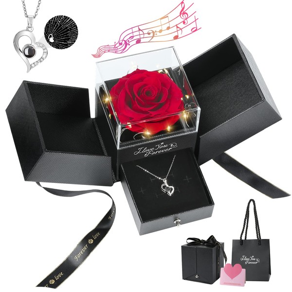 Emibele Preserved Real Red Rose with S925 Sterling Silver Necklace, Eternal Rose with I Love You Necklace in 100 Languages Music Box with Lights Romantic Gifts for Mom Grandma Wife Girlfriend Her