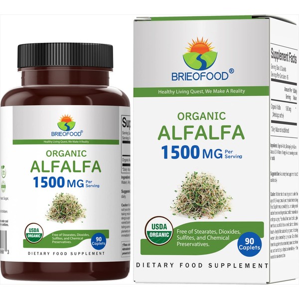 Brieofood Organic Alfalfa 1500mg, 45 Servings, Vegetarian, Gluten Free, 90 Vegetarian Tablets