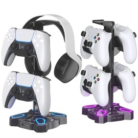 KDD Soporte para Auriculares para Juegos- Soporte Giratorio para Auriculares con 9 Modos de luz- Soporte para Driver con 2 Puertos de Carga USB y 3.5 mm- Accesorios para Colgar Auriculares