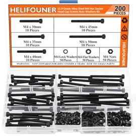 200 Pieces M4 x 30mm /35mm /40mm /45mm /50mm, Hex Socket Head Cap Metric Screws Bolts Washers Nuts Kit, 12.9 Grade Alloy Steel, Fully Threaded, Black