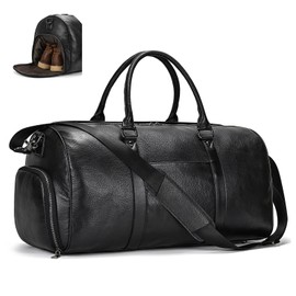 LUUFAN Genuine Leather Travel Bag Large Capacity Waterproof Luggage Duffel Bag with Shoe Compartment, Weekender Shoulder Handbag for Men Women Holiday Business Trip, Black strap, Retro