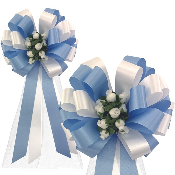 Baby Blue and White Wedding Pull Bows with Tulle Tails and Rosebuds - 8" Wide, Set of 6, Wedding Pew Bows, Christmas, Aisle Decoration. Reception, Anniversary