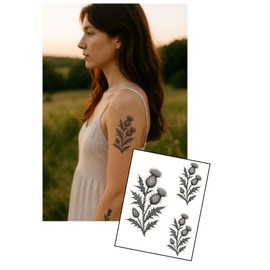 Scottish Thistle Temporary Tattoo Sheet – Striking Botanical Black Ink Design, 2 Sizes (14cm & 9cm) on A5 Sheet – Elegant Floral Fake Tattoos – 1 Sheet