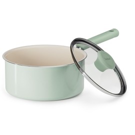 Redchef Ceramic Nonstick Saucepan with Lid, 2.5QT Small Cooking Pot, Non Toxic Sauce Pans for Kitchen, Cool Handle PFAS Free Compatible with All Cooktops, Green
