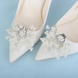 Xerling - 1 par de elegantes clips de perlas desmontables hechos a mano con hebilla para zapatos de flores para boda, zapatos florales, decoración de cristales, accesorios para zapatos de diamantes de