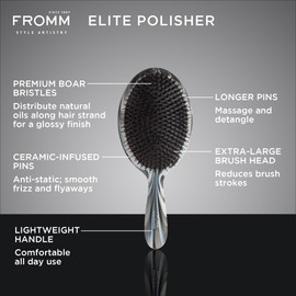 Fromm Professional Elite Polisher Ceramic x Ionic Luxurious Shine Boar Bristle Brush | Gentle Hair Detangler & Massage Brush Smooths Frizz & Flyaways for Medium to Thick Curly Hair