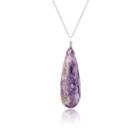 CRYSTALIS Natural Charoite Cabochon Crystal Pendant Necklace, Polished Long Tear-Drops Gemstone, Chakra Healing Gift, Dainty Women Jewelry, 925 Sterling Silver Chain 18 inch