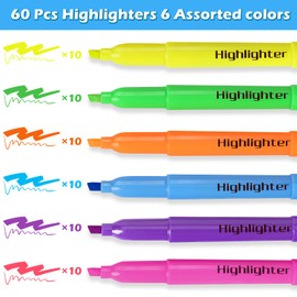 KIZZYEA 60 Pack Highlighters in 6 Assorted Colors, Chisel Tip Dry-Quickly Highlighters Bulk, No Bleed Highlighter Markers for Adult Kids, School Supplies for Teachers, Office Classroom Must Have