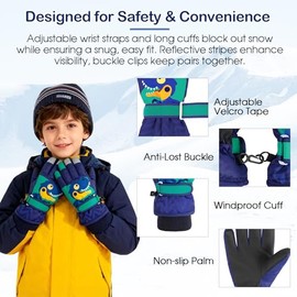 Guantes de invierno impermeables para niños, guantes de nieve, guantes de esquí para niños y niñas, resistentes al viento, dinosaurio azul marino S