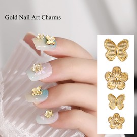 Flowers Butterfly Nail Charms and Gems Metal Flowers Butterfly Nail Jewelry Charms Design 3D Gold Shiny Crystal Nail Art Charms Rhinestones for Women Girls DIY Manicure Decoration 40Pcs
