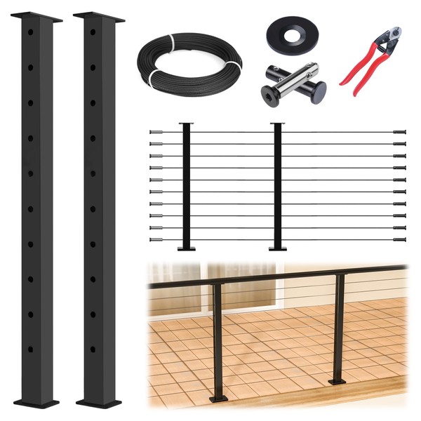 Muzata 5ft-10ft Cable Railing Kit 36" 2PACK Black Posts PS02