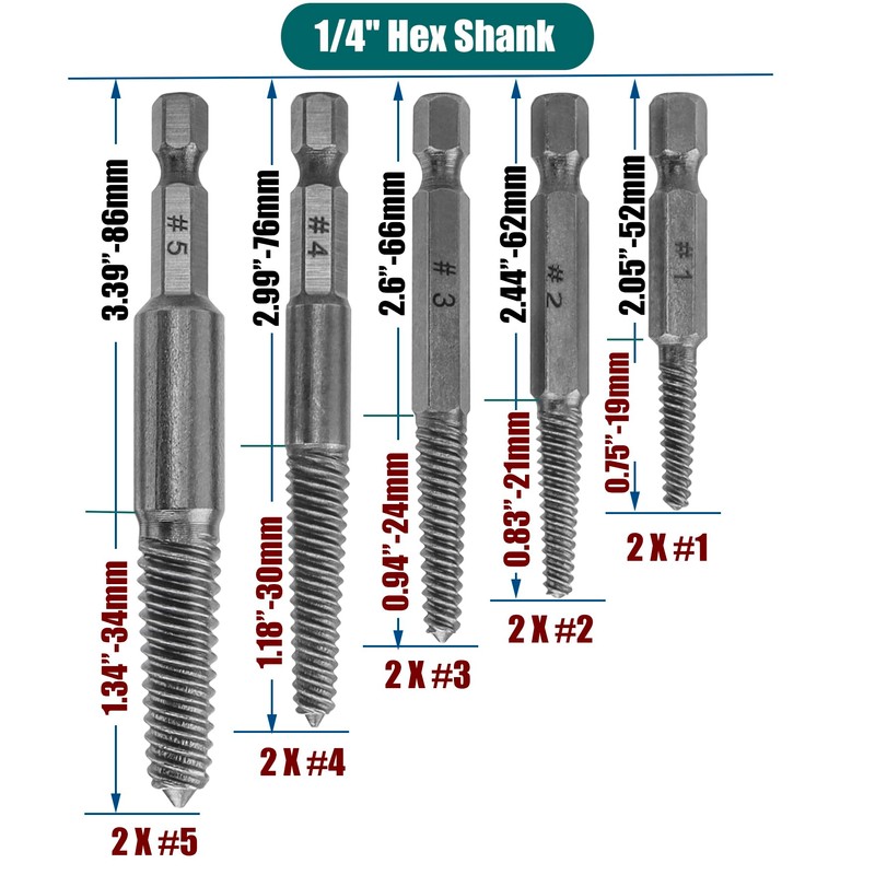 Treki Screw Extractor Drill Bit Set，10pcs 1/4" Hex Shank Easy